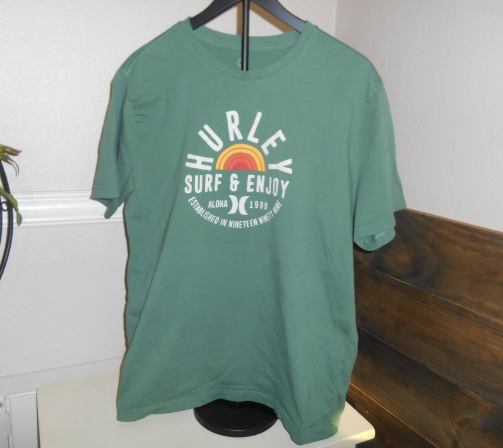 Hurley Surf & Enjoy Graphic T-Shirt Men's Large Green Aloha 100% Cotton Tee